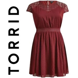 Torrid Mini Clip Dot Crochet Lace Skater Semi Sheer Dress Burgundy  Size Large